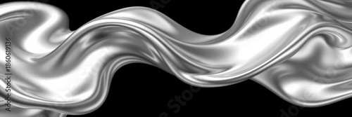 A silver fabric wave flows smoothly against a solid black background with elegant folds and creases in the shiny material
