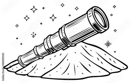 Line art of a telescope atop a mound with glowing stars for astrology and exploration concepts.