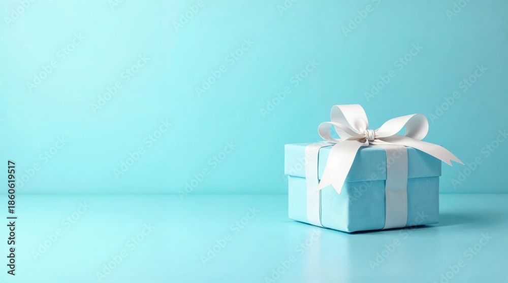 Obraz premium Elegant light blue gift box with white ribbon on a pastel blue background