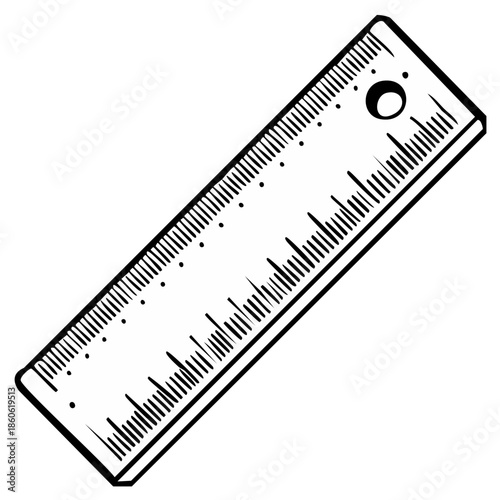 Line Drawing of a Simple Wooden Ruler with Measurement Markings and Hole