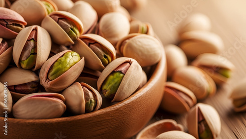Shelled Pistachios in Wooden Bowl