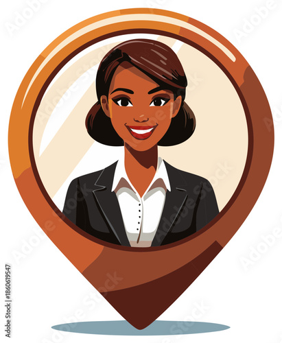 Map pointer with smiling dark skinned business woman in suit vector portrait