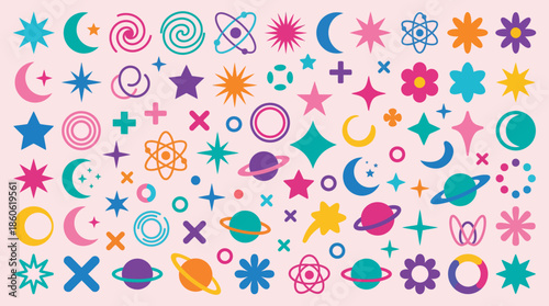 A colorful doodle space icons collage featuring planets, rockets, stars, moons, suns and other celestial symbols in a playful pattern