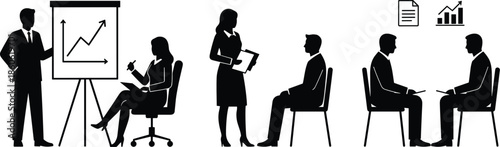 Business meeting, office teamwork, corporate presentation, professional interaction, business growth, data analysis, interview session, workplace communication, strategy planning