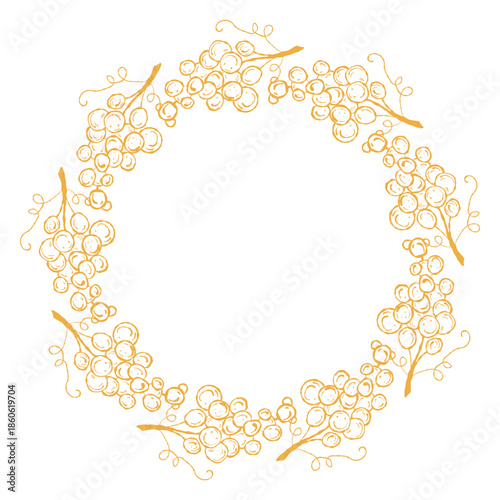 Grape Bunch Wreath, Vineyard Wine Label Art. Wine, Grape Wreath, Elegant Food Frame. Vineyard Wreath Illustration, Packaging, Menus