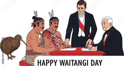 Waitangi Day historical vector illustration of Māori chiefs and British officials signing the treaty with kiwi bird mascot.