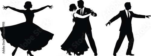 Elegant ballroom dance silhouettes of couple and solo dancers, classic waltz tango performance, formal fashion, romance, movement, isolated on background