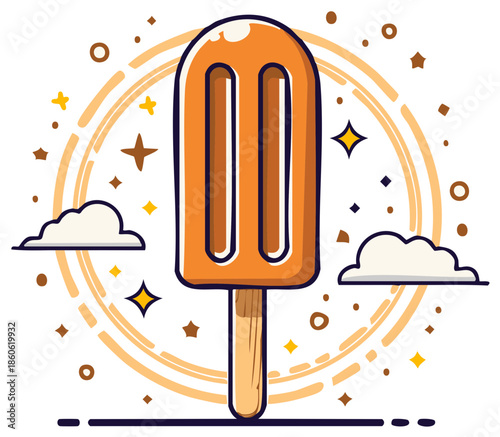 Orange popsicle ice cream treat with sparkling celebration elements and clouds