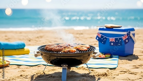 Obraz na płótnie A portable barbecue grill cooking sausages on a sandy beach, with an australian flag cooler nearby. Australia day bbq for national celebration, holiday food marketing, outdoor lifestyle content