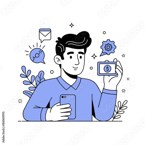 Young caucasian male holding smartphone and cash card for online transactions