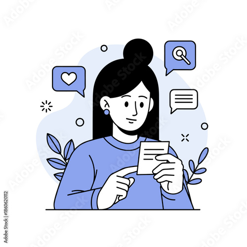 Asian female young adult reading message with heart and speech bubbles