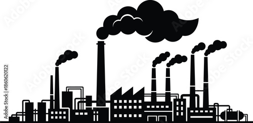 Industrial factory silhouette, pollution concept, smokestacks emitting smoke, environmental impact, air pollution, climate change, manufacturing emissions, toxic clouds, dark sky