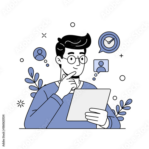Young caucasian male pondering tablet usage in minimalist illustration
