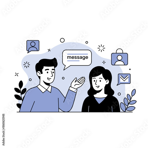 Young adult caucasian male and female discussing messaging apps