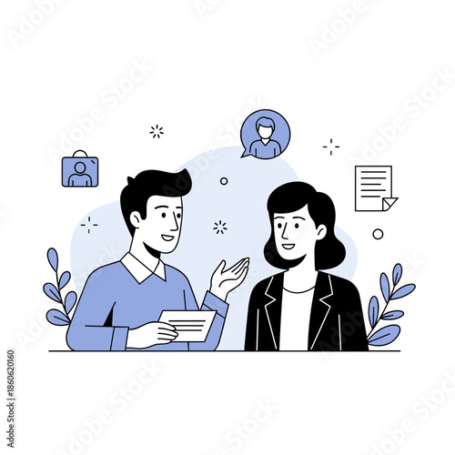 Illustration of asian male and female adults engaged in a professional discussion
