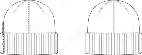 Knit beanie hat illustration, folded brim, ribbed texture, fashion sketch, winter accessory, apparel design, black and white drawing, cozy headwear