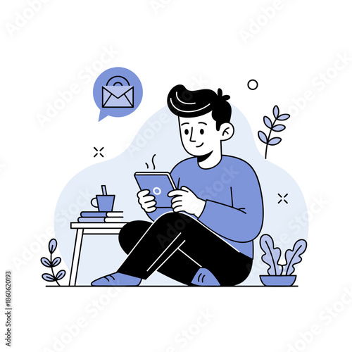 Young caucasian male enjoying digital tablet in cozy setting with coffee and books