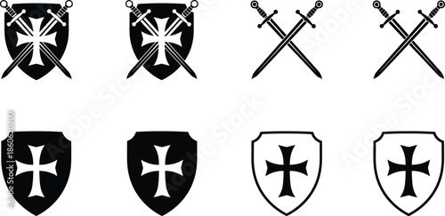 Medieval shield, knight sword, crusader cross, heraldic emblem, fantasy icon, battle symbol, warrior crest, vintage armor, gothic design, historical motif