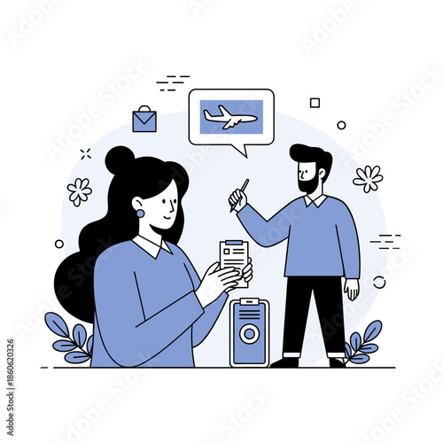 Illustrated caucasian female and male adults planning travel with digital devices