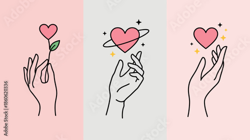 Three-panel pastel vector illustration of hands presenting hearts, symbolizing love, care, and gifting