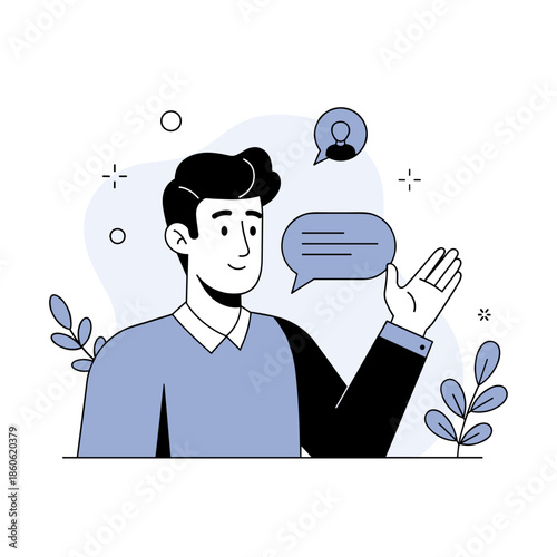 Illustration of young caucasian male engaged in conversation with chat bubbles