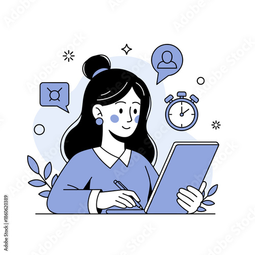 Asian young female artist drawing on tablet with stopwatch and social icons