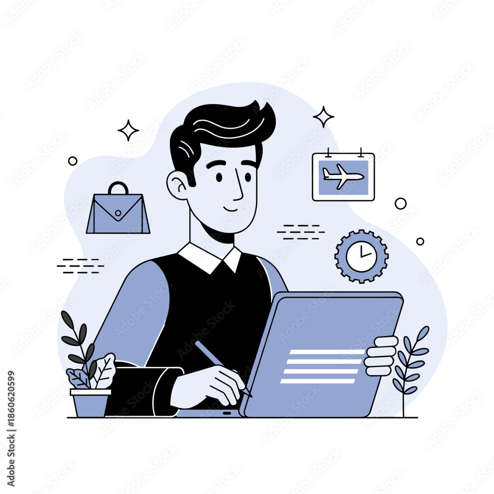 Naklejka premium Young male caucasian professional writing at desk with travel icon and plant in modern workspace