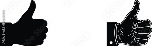 Thumbs up hand gesture illustration, approval symbol silhouette, positive feedback icon, success agreement sign, like concept isolated on white background