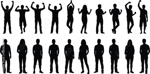 People silhouette set, cheering standing poses vector collection, men women human figures black white icons, crowd character pack