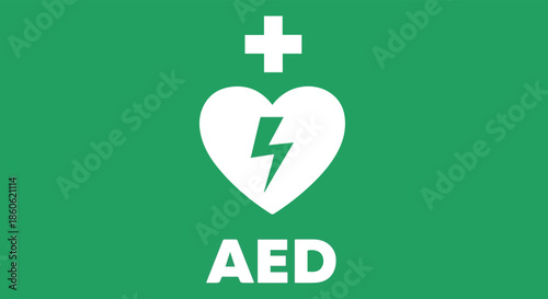 Medical Emergency AED Defibrillator Heart Symbol with Lightning Icon on Green Background for Healthcare and Safety