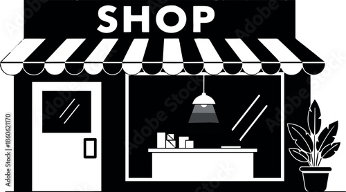 Simple Black and White Illustration of a Shop Facade with Awning, Door, Window Display, and Potted Plant