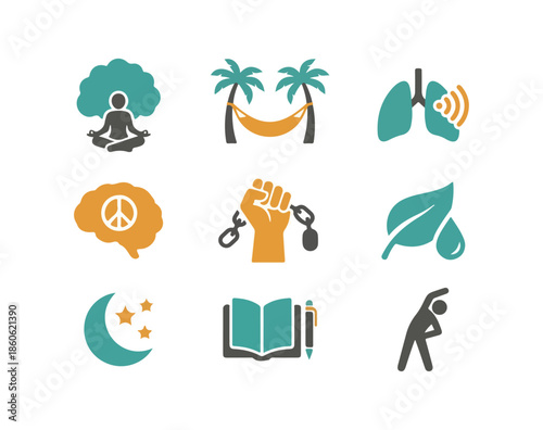 Abstract icon set depicting various concepts and symbols on dark background