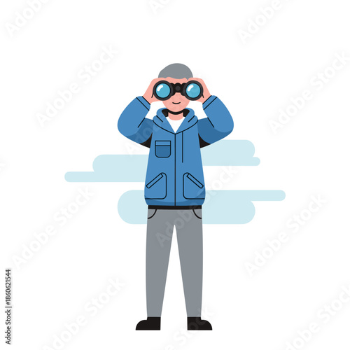 Elderly caucasian male observing with binoculars in blue jacket