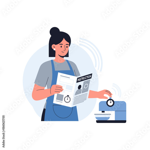 Young asian female using kitchen mixer and reading instruction manual