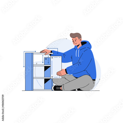 Young caucasian male assembling furniture in blue hoodie