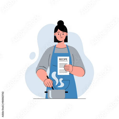 Asian female adult cooking with recipe holding recipe in kitchen