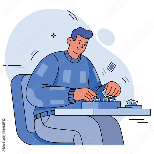 Young caucasian male playing board game at table in casual setting