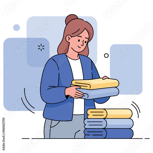 Young caucasian female folding laundry in casual attire with relaxed expression