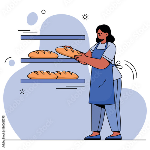 Female baker arranging freshly baked bread on shelves