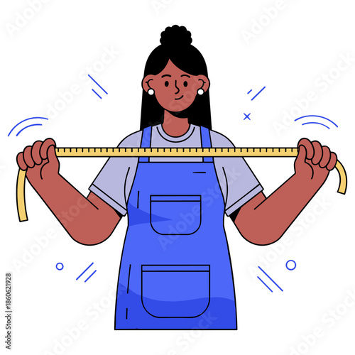Smiling african female tailor holding measuring tape in blue apron
