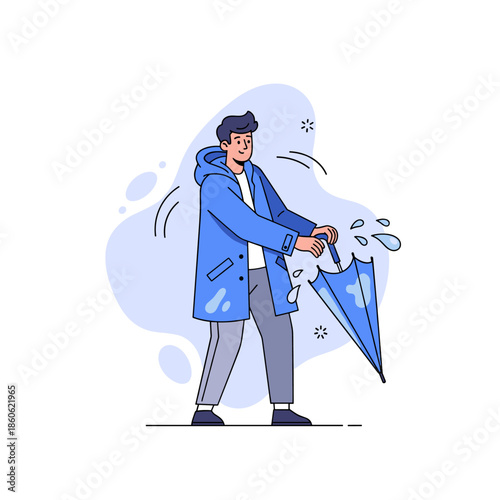 Young caucasian male in blue raincoat shaking water off umbrella cartoon illustration