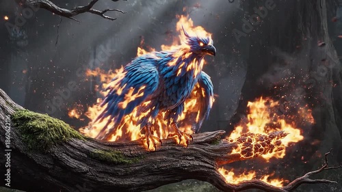 Mystical Fiery Phoenix Perched on a Mossy Branch in a Dark Enchanted Forest