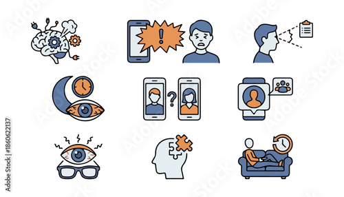 Conceptual icons illustrating information overload and technology dependence