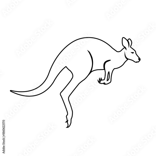 A simple line drawing depicts a kangaroo in mid leap against a dark background