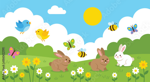 Cute spring landscape with happy bunnies birds bees and butterflies playing in green meadow with colorful flowers under sunny blue sky for easter holiday decoration.