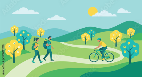 Active people enjoying outdoor activities in nature with couple hiking on trail and cyclist riding bike on winding road through green hills and sunny summer scenery.