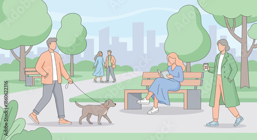 People enjoying leisure time in city park walking dog reading book on bench and drinking coffee while strolling outdoors in nature during sunny spring summer season.