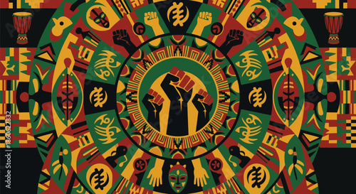 Pan african heritage circle design featuring raised fists and traditional symbols for black history month or kwanzaa celebration with geometric tribal art ornament.