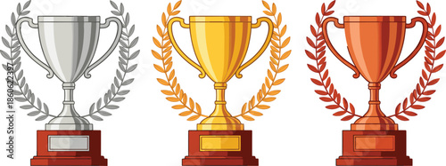 Set of gold silver and bronze trophy cups with laurel wreaths for winners achievement awards and sports competition victory