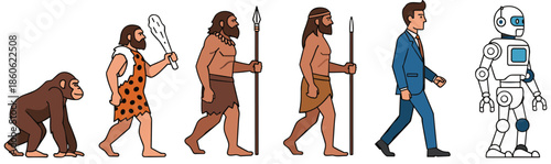 Human evolution scale from ape and caveman to modern businessman and futuristic robot on a white background